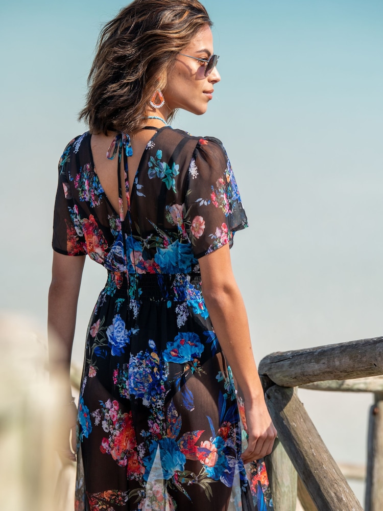 Pour Moi Black Short Sleeve Chiffon Wrap Maxi Kaftan - Image 2 of 4