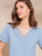 Lipsy Blue Crochet Trim V Neck T-Shirt - Image 4 of 4