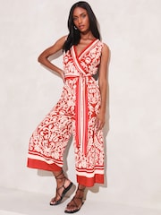 Lipsy Red Wrap Belted Culotte Wide Leg Jumpsuit - Image 1 of 4