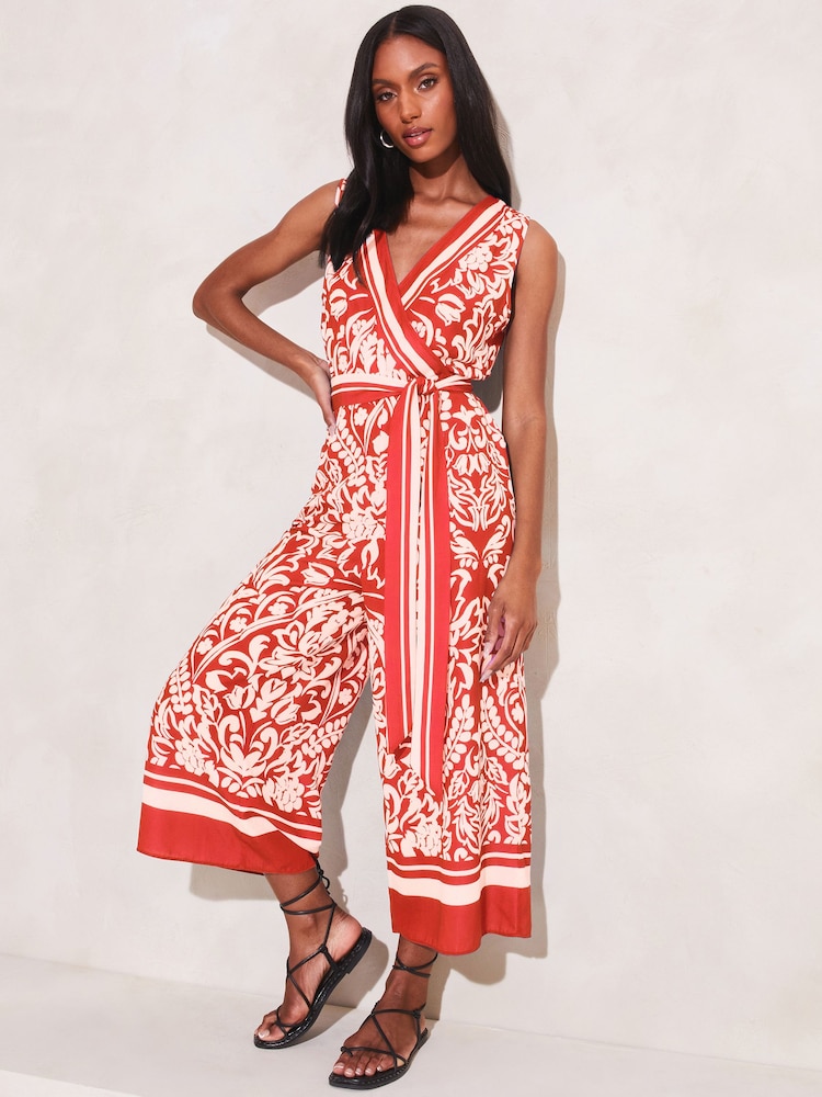 Lipsy Red Wrap Belted Culotte Wide Leg Jumpsuit - Image 1 of 4
