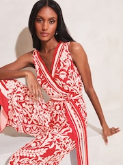 Lipsy Red Wrap Belted Culotte Wide Leg Jumpsuit - Image 4 of 4
