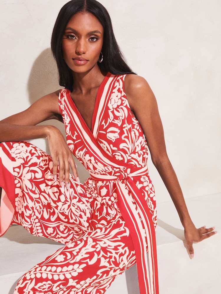 Lipsy Red Wrap Belted Culotte Wide Leg Jumpsuit - Image 4 of 4