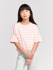 U.S. Polo Assn. Pink Girls Elastic Hem Striped 100% Cotton T-Shirt - Image 1 of 6