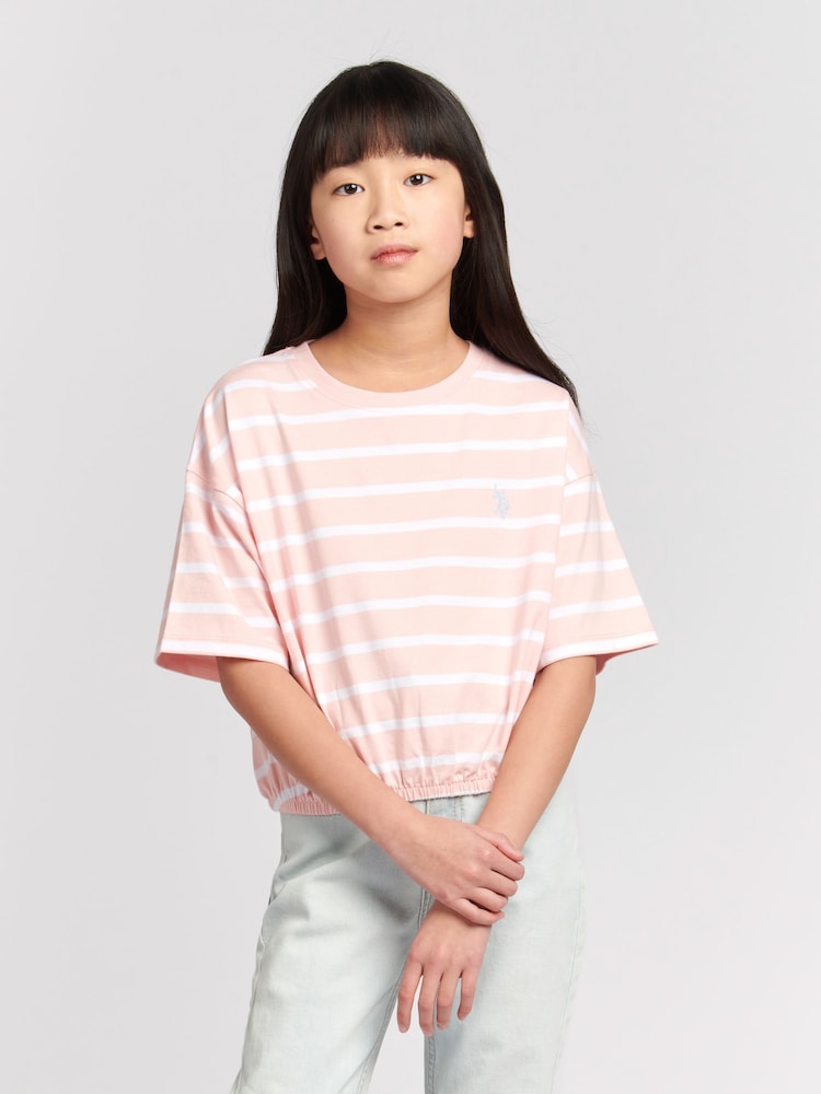 U.S. Polo Assn. Pink Girls Elastic Hem Striped 100% Cotton T-Shirt - Image 1 of 6