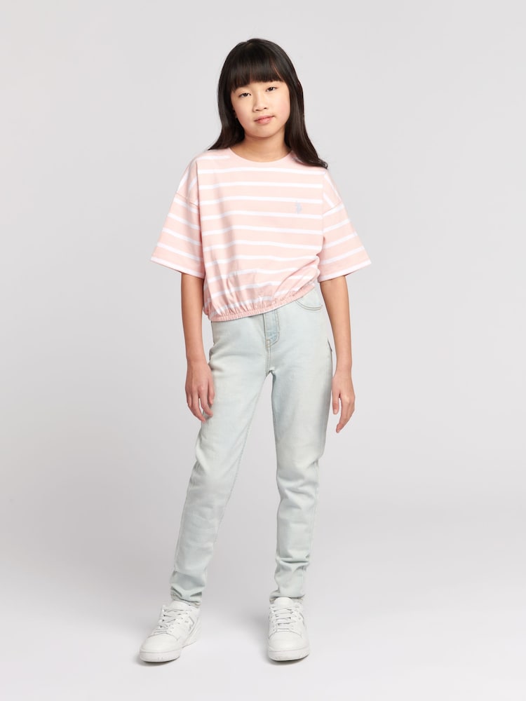 U.S. Polo Assn. Pink Girls Elastic Hem Striped 100% Cotton T-Shirt - Image 2 of 6