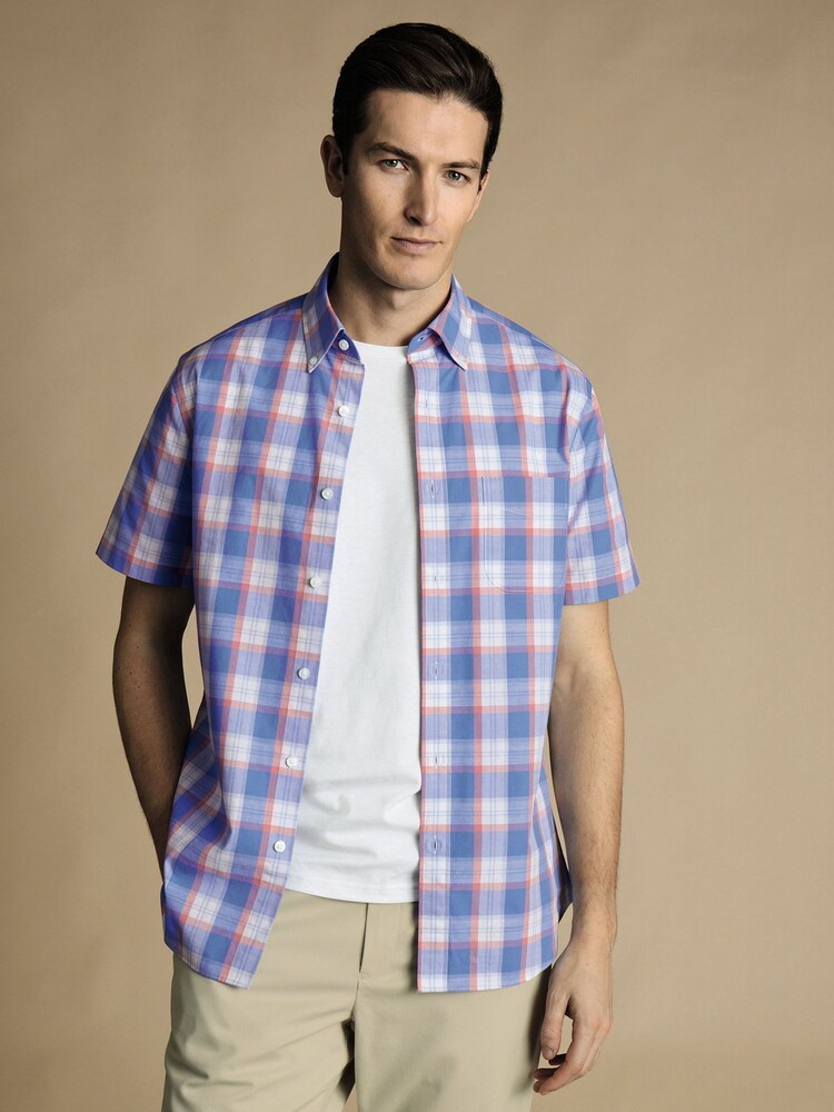 Charles Tyrwhitt Pink Check Short Sleeve Noniron Stretch Poplin Slub 100% Cotton Shirt - Image 2 of 6
