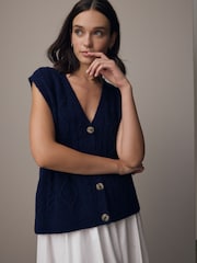 Blue Navy Sleeveless Button Through Cable Knitted Waistcoat - Image 1 of 7