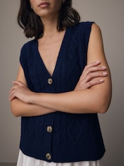 Blue Navy Sleeveless Button Through Cable Knitted Waistcoat - Image 4 of 7