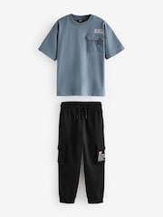 Siva/črna - Utility 100% Cotton kratek rokav; s kratkimi rokavi majica and lahke hlače za prosti čas Set (3-16yrs) - Slika 1 iz 4