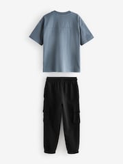 Siva/črna - Utility 100% Cotton kratek rokav; s kratkimi rokavi majica and lahke hlače za prosti čas Set (3-16yrs) - Slika 2 iz 4