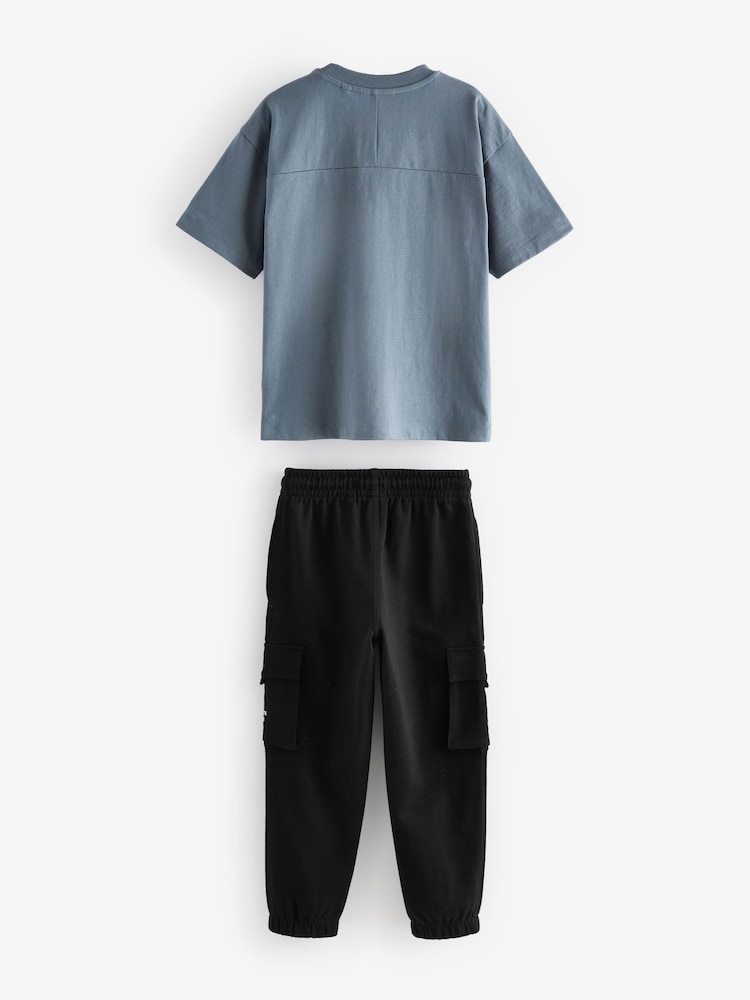 Siva/črna - Utility 100% Cotton kratek rokav; s kratkimi rokavi majica and lahke hlače za prosti čas Set (3-16yrs) - Slika 2 iz 4