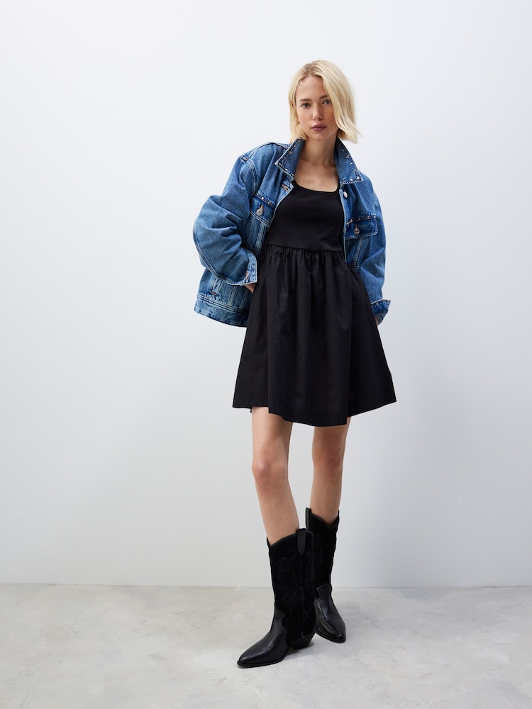 Black Square Neck Jersey 100% Cotton Summer Mini Dress - Image 1 of 7