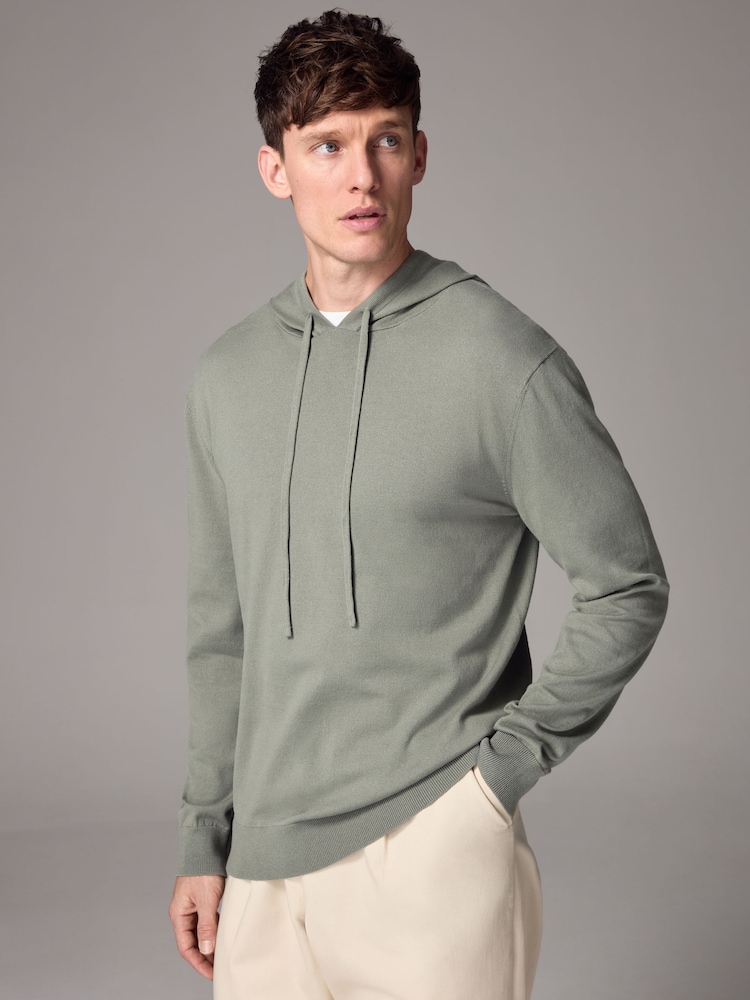 Sage Green Regular Fit Cotton Rich Knit Hoodie - Image 1 of 8