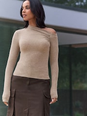 Oatmeal Long Sleeve Asymmetric Gathered Top - Image 1 of 8