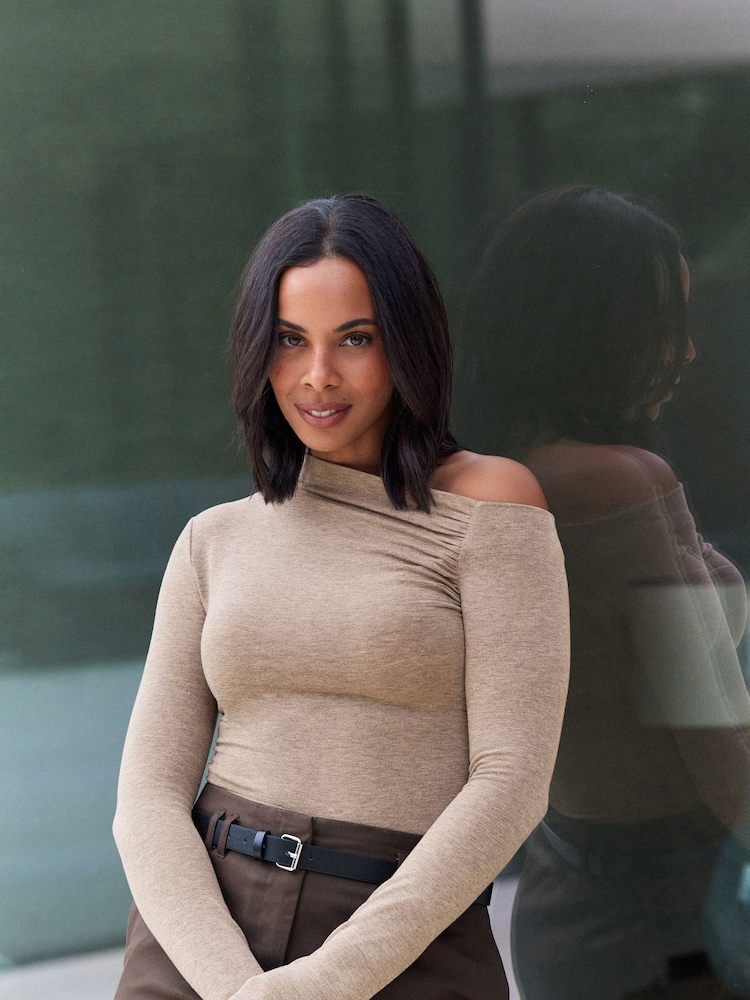 Oatmeal Long Sleeve Asymmetric Gathered Top - Image 2 of 8