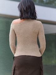 Oatmeal Long Sleeve Asymmetric Gathered Top - Image 3 of 8