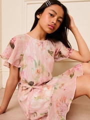 Lipsy Pink Floral Sparkle Shift Occasion Dress (From 2-16yrs) - Image 2 of 4