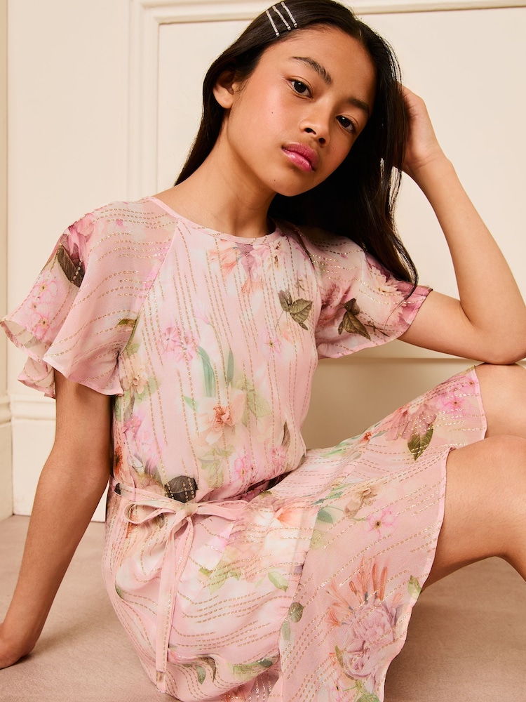 Lipsy Pink Floral Sparkle Shift Occasion Dress (From 2-16yrs) - Image 2 of 4