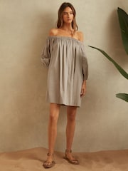 Reiss Mocha Sofia Cotton Ruched Puff Sleeve Mini Dress - Image 1 of 5
