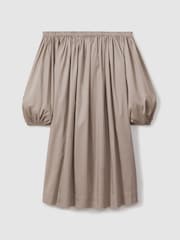 Reiss Mocha Sofia Cotton Ruched Puff Sleeve Mini Dress - Image 2 of 5