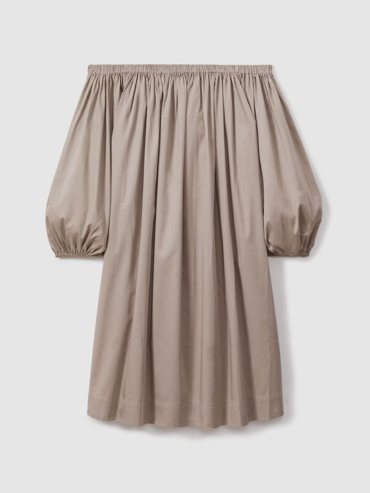 Reiss Mocha Sofia Cotton Ruched Puff Sleeve Mini Dress - Image 2 of 5