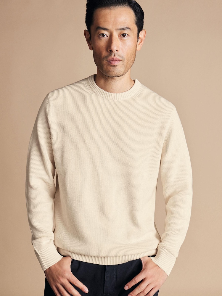Charles Tyrwhitt Cream Combed 100% Cotton Rib Crew Neck Jumper - Image 1 of 5 Charles Tyrwhitt Cream Combed 100% Cotton Rib Crew Neck Jumper - Image 1 of 5