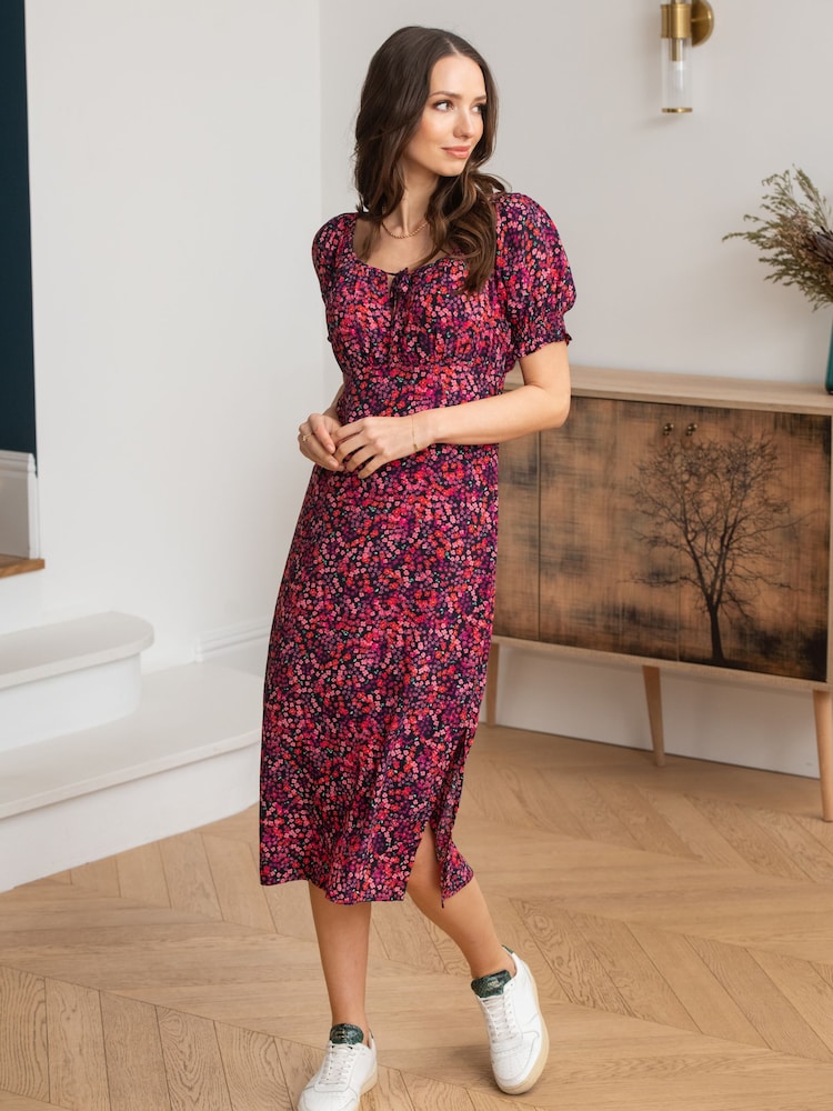 Pour Moi Red Emma Woven Viscose Puff Sleeve Midi Tea Dress - Image 1 of 4