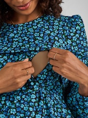 JoJo Maman Bébé Blue Floral Round Neck Double Layer Maternity & Nursing Dress - Image 4 of 4