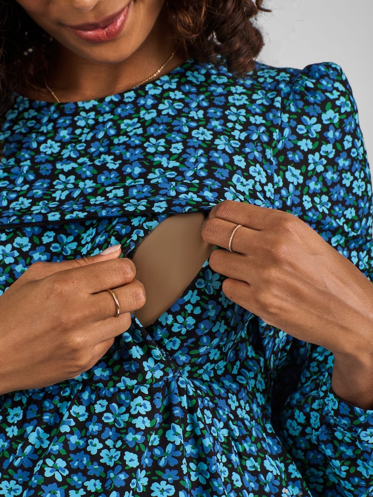 JoJo Maman Bébé Blue Floral Round Neck Double Layer Maternity & Nursing Dress - Image 4 of 4