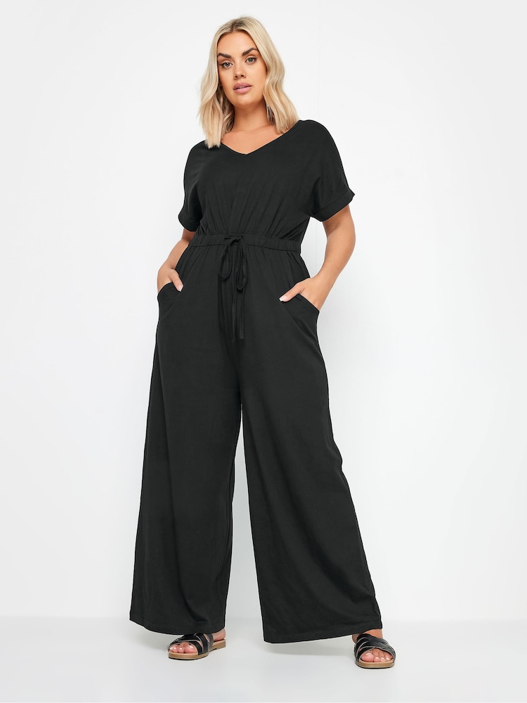 Yours Curve Black 100% Cotton Drawcord Jumpsuit - Image 1 of 5