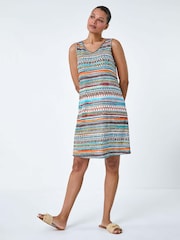 Roman Orange Roman Patterned Stripe Stretch Pocket Swing Dress - Image 2 of 5