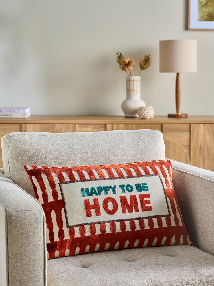 Orange Happy To Be Home Cut Velvet Slogan Cushion - Image 1 of 5