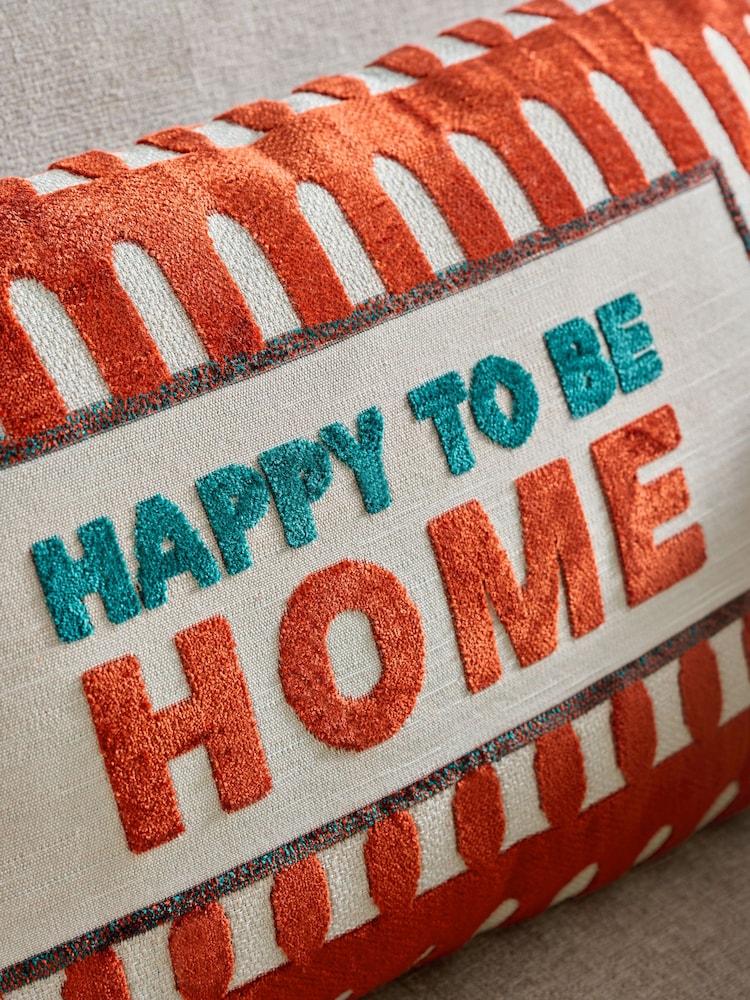 Orange Happy To Be Home Cut Velvet Slogan Cushion - Image 2 of 5
