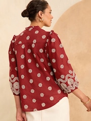 Love & Roses Rust Orange Broderie Petite Embroidered V Neck 3/4 Sleeve Blouse - Image 2 of 4