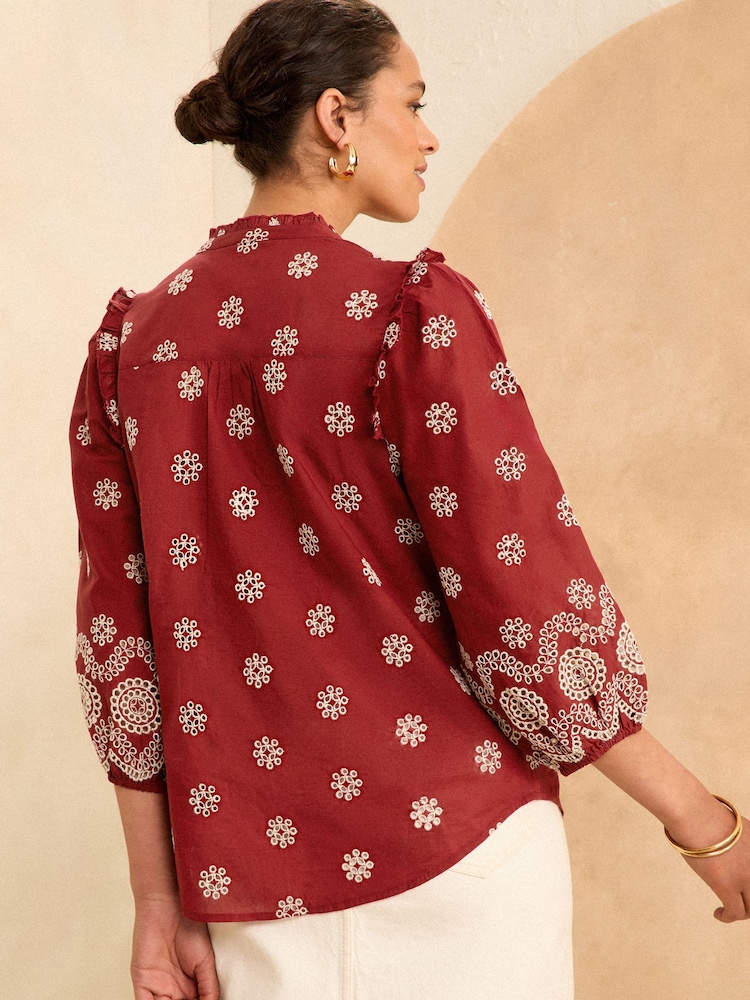 Love & Roses Rust Orange Broderie Petite Embroidered V Neck 3/4 Sleeve Blouse - Image 2 of 4