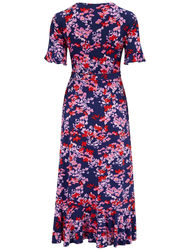 Pour Moi Pink & Purple Print Megan Fuller Bust Slinky Jersey Frill Detail Midi Wrap Dress - Image 4 of 4