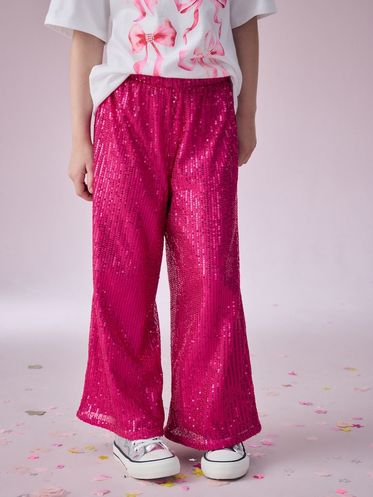 Pink Wide Leg Sequin Trousers (3-16yrs) - Image 1 of 7 Pink Wide Leg Sequin Trousers (3-16yrs) - Image 1 of 7