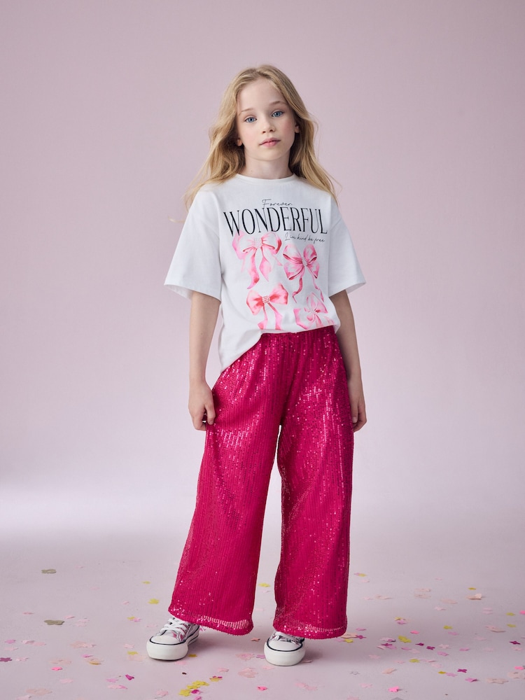 Pink Wide Leg Sequin Trousers (3-16yrs) - Image 2 of 7 Pink Wide Leg Sequin Trousers (3-16yrs) - Image 2 of 7