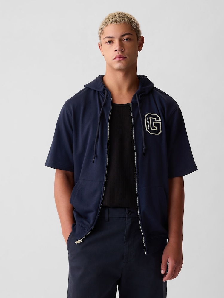 Gap Blue Logo Zip Up Short Sleeve Hoodie - Image 1 of 5 Gap Blue Logo Zip Up Short Sleeve Hoodie - Image 1 of 5