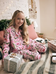 Pink/Green Christmas Jersey Button Through 100% Cotton Pyjamas 1 Pack (3-16yrs) - Image 1 of 8