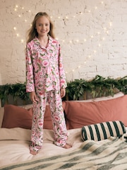 Pink/Green Christmas Jersey Button Through 100% Cotton Pyjamas 1 Pack (3-16yrs) - Image 2 of 8