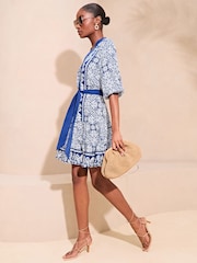 Lipsy Blue Petite Short Sleeve Border Printed Smock Mini Dress - Image 3 of 4