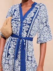 Lipsy Blue Petite Short Sleeve Border Printed Smock Mini Dress - Image 4 of 4