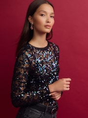 Blue Sequin Lace Long Sleeve Top - Image 1 of 9