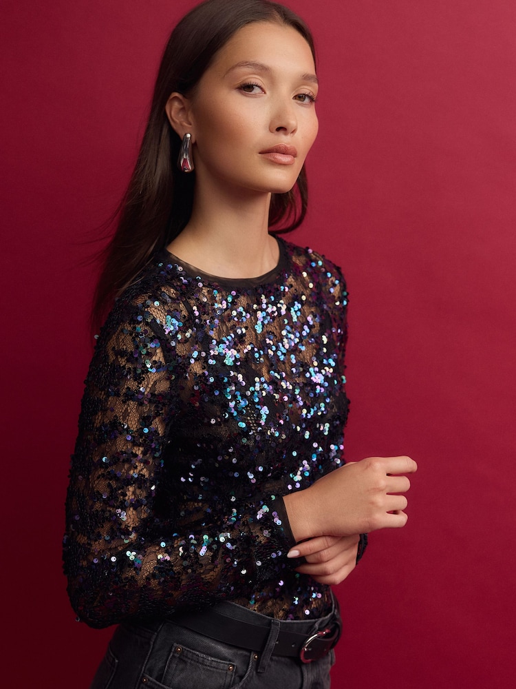 Blue Sequin Lace Long Sleeve Top - Image 1 of 9