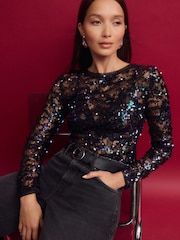 Blue Sequin Lace Long Sleeve Top - Image 2 of 9