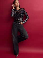 Blue Sequin Lace Long Sleeve Top - Image 3 of 9