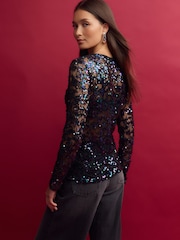 Blue Sequin Lace Long Sleeve Top - Image 4 of 9