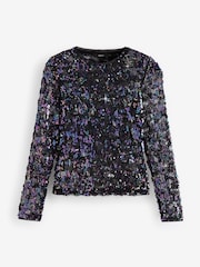 Blue Sequin Lace Long Sleeve Top - Image 6 of 9