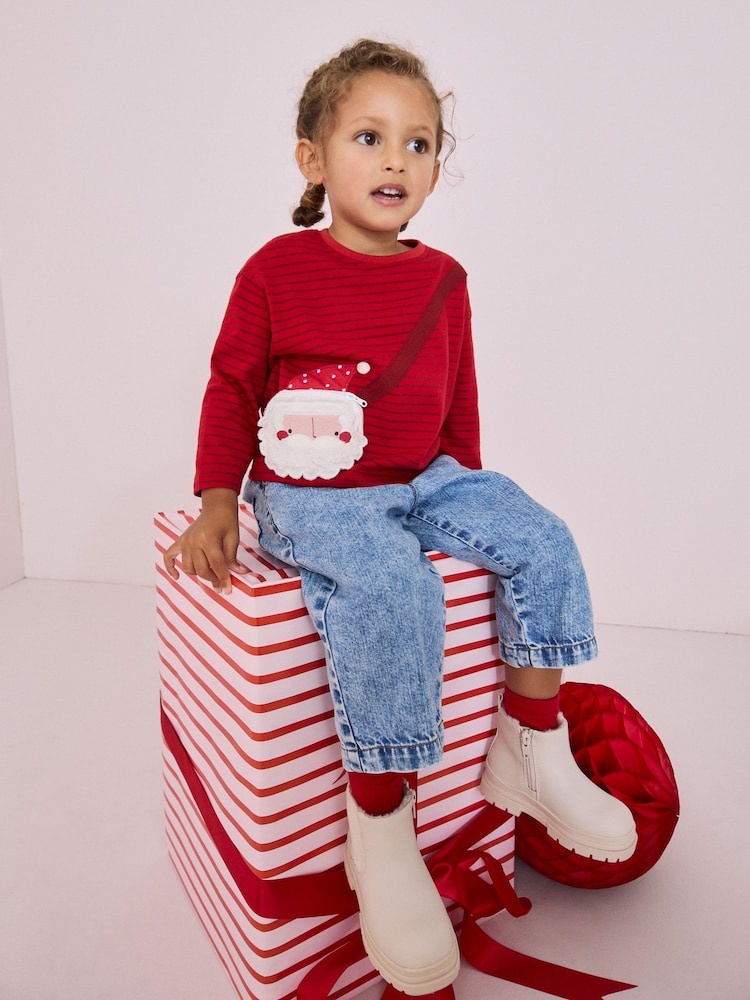 أحمر احتفالي Santa - تيشرت بحقيبة قطن 100% بكُم طويل (3 شهور-7 سنوات) - صورة 1 من 1